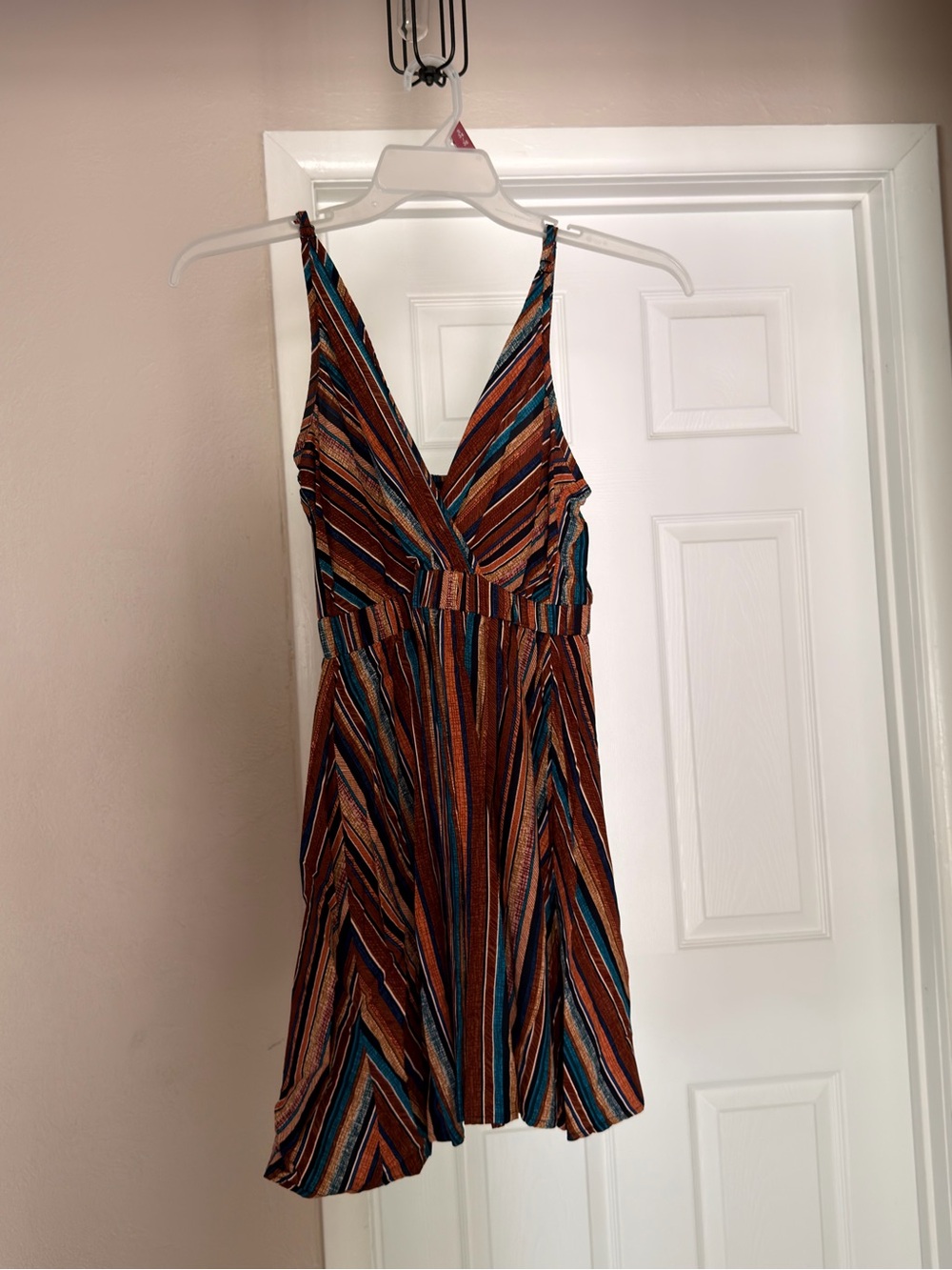 SHEIN Striped V-Neck Mini Dress in Rust & Teal